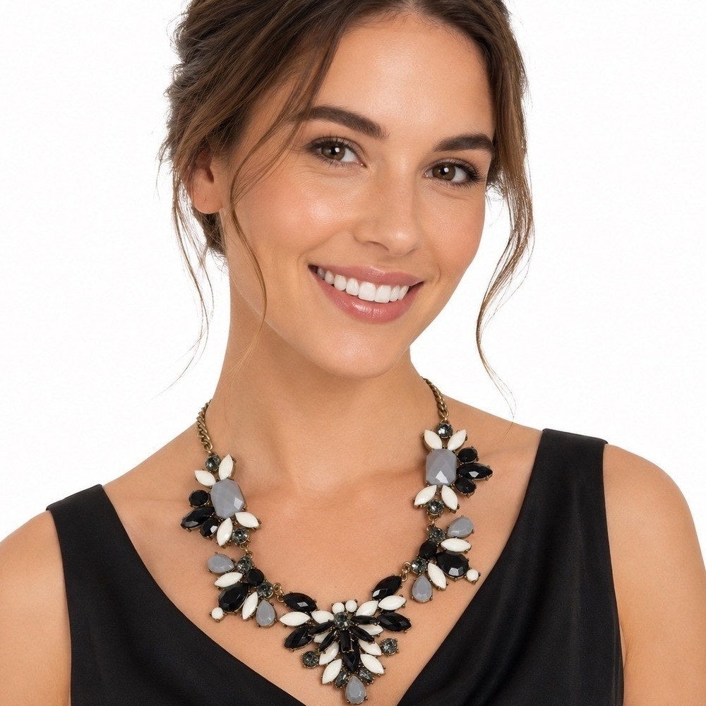 Monochrome Bib Necklace Black White Grey Floral Cluster Brass Tone Party 103-132